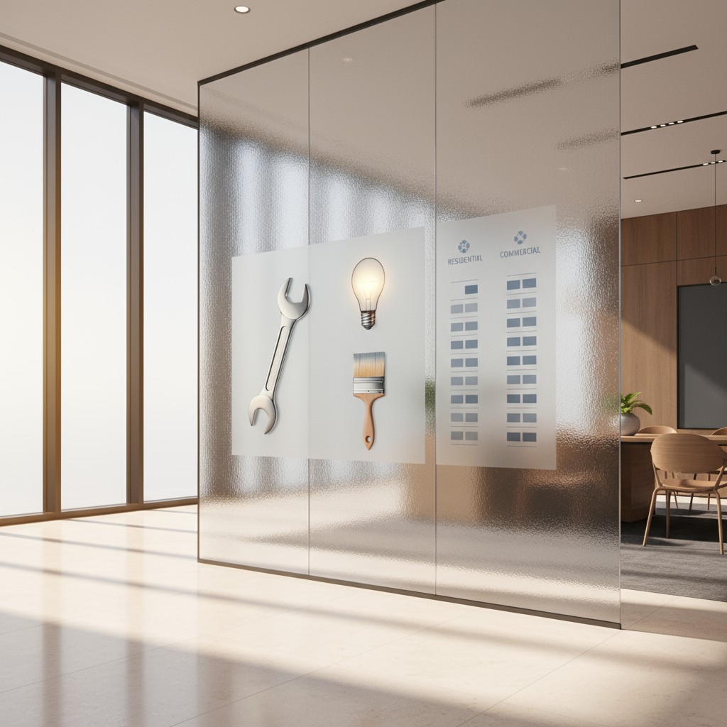 An office with frosted glass paneling featuring a wrench, lightbulb, and paintbrush, showcasing the panel Sample Distribut...