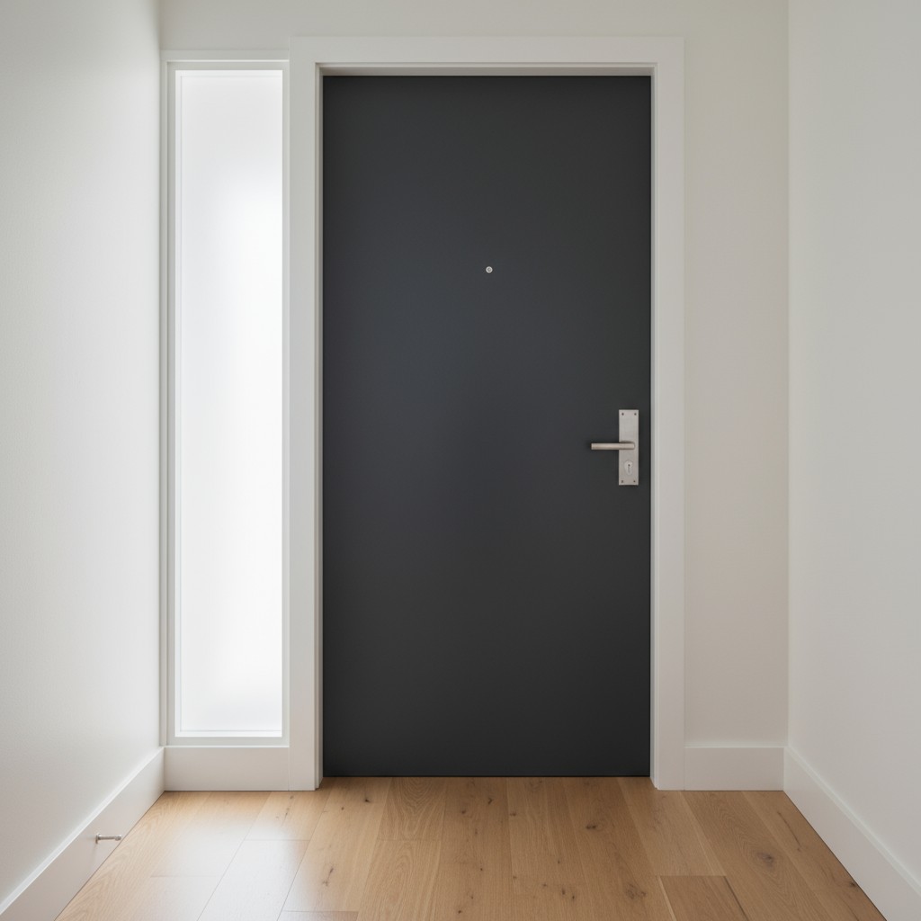 A modern glass doorway can be seen in a white interior. The glass doorway maintains its privacy with a vertical window mad...