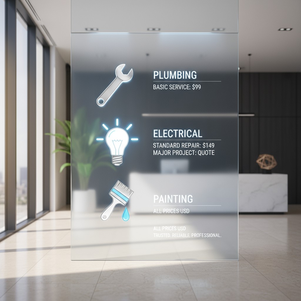 A sign advertising services displayed inside a building.