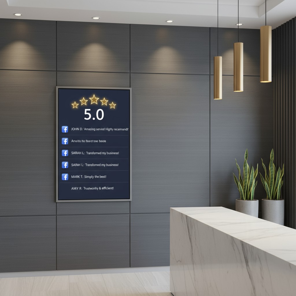 An interior view of a reception desk area in a modern office building with 5 glowing gold stars presented on a frame on a ...