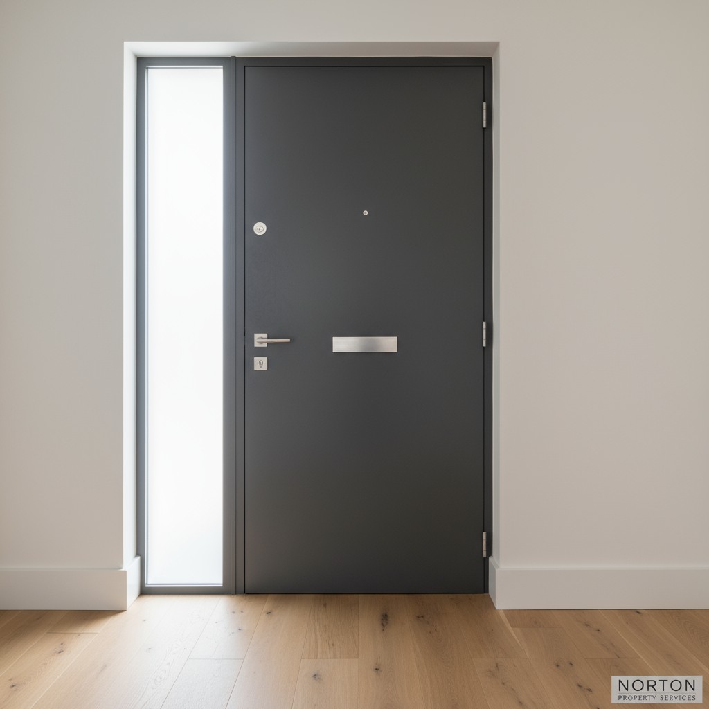 A doorway featuring a tall, sliding glass wall on the left and a dark gray door to the right. The set is surrounded by cri...