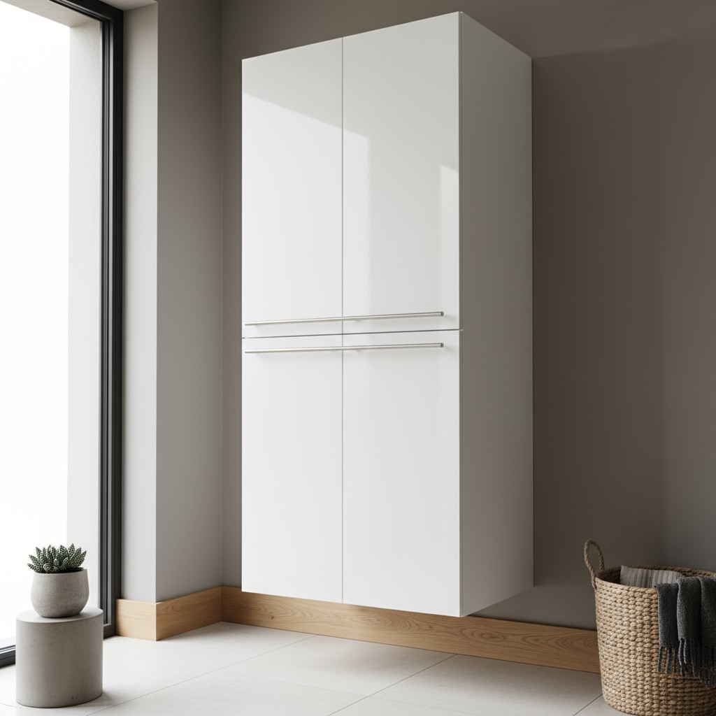 title A tall white cabinet with silver handles and wood baseboard is situated in a corner of a room, featuring two doors. The ca...