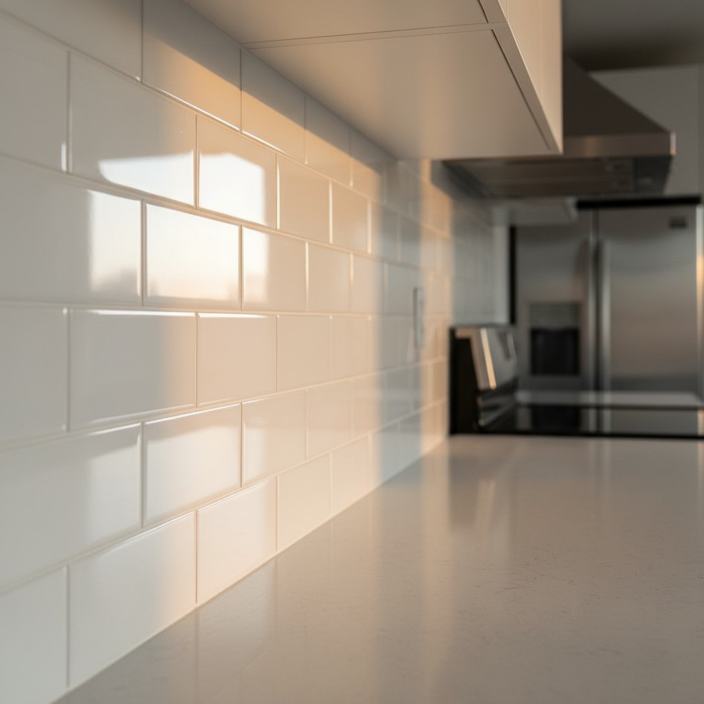 The image showcases a sleek and modern kitchen design, with white glossy tile backsplash, sleek countertops, and a built-i...
