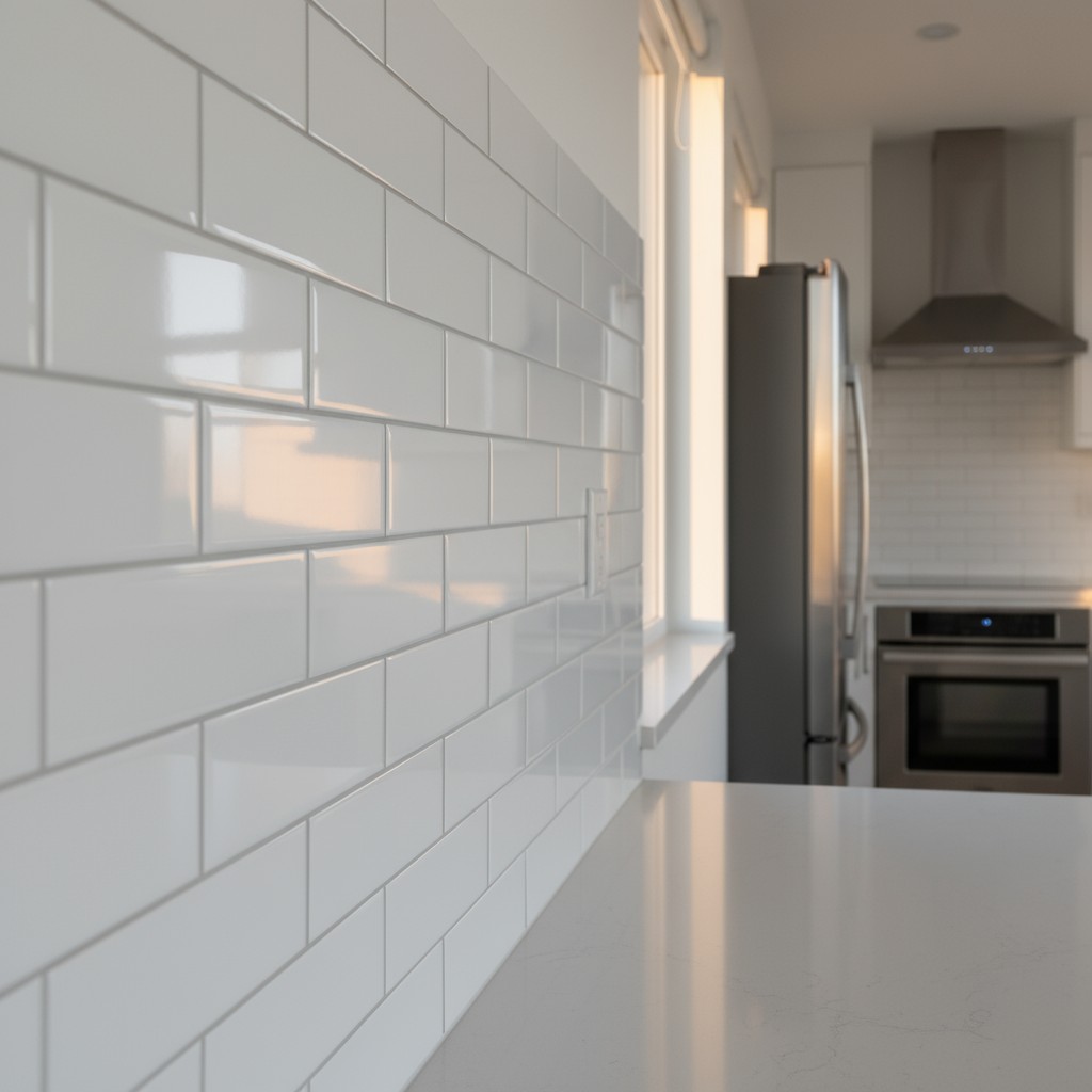 A white tile backsplash adorns a window overlooking a kitchen with stainless steel appliances and a window above an oven.